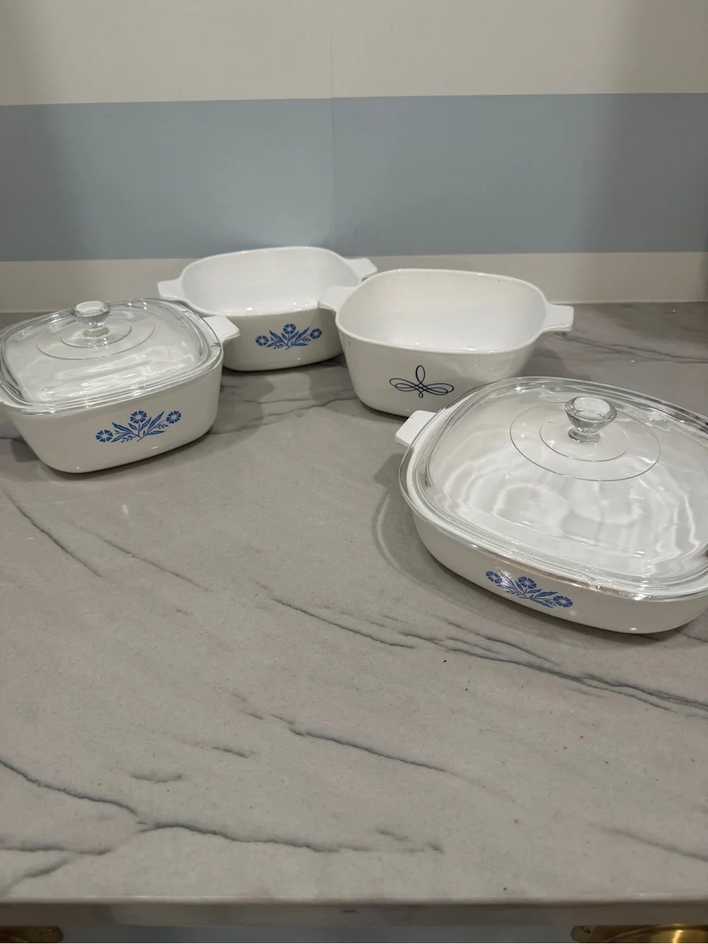 Vintage CorningWare Set Blue Cornflower Pattern and Trifoil  - Set of 4